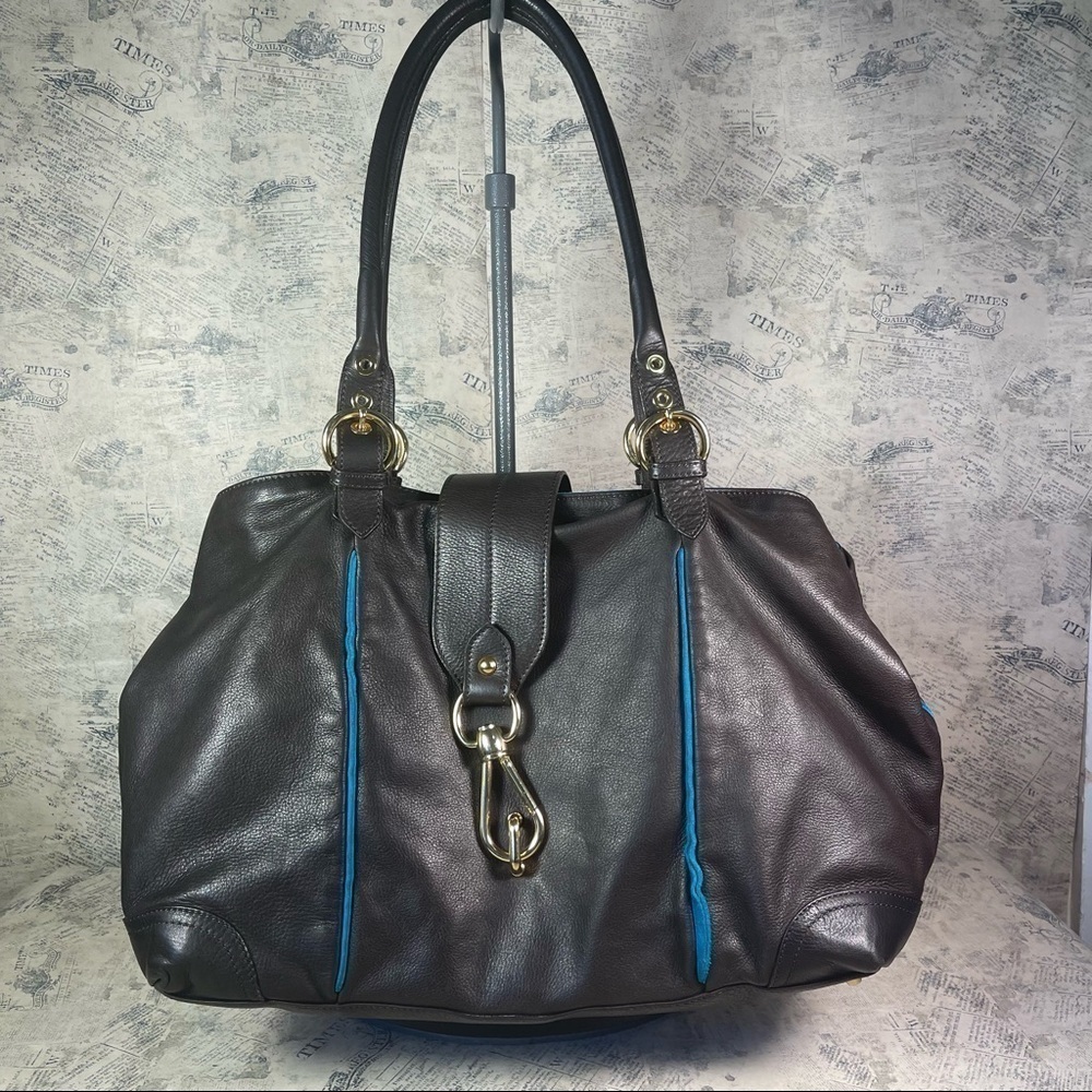 Alberta Di Canio Italian Leather Large Tote Bag Blue Suede Gold Hardware